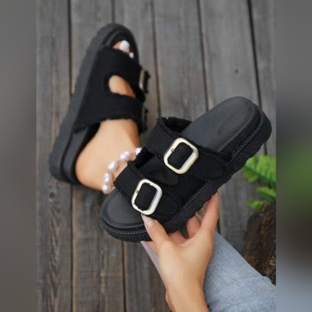 MEIJIA* Birkenstock inspired fringe edge double brasstone buckle rubber sole 38